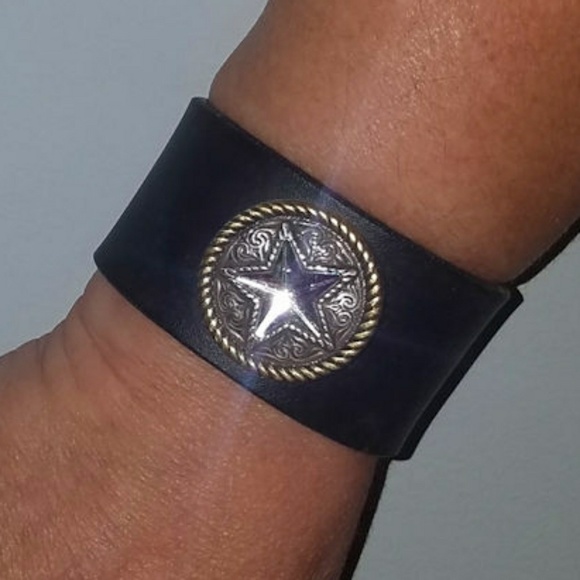 Artisan Jewelry - Sale! Upcycled Leather Cuff Bracelet Star Concho